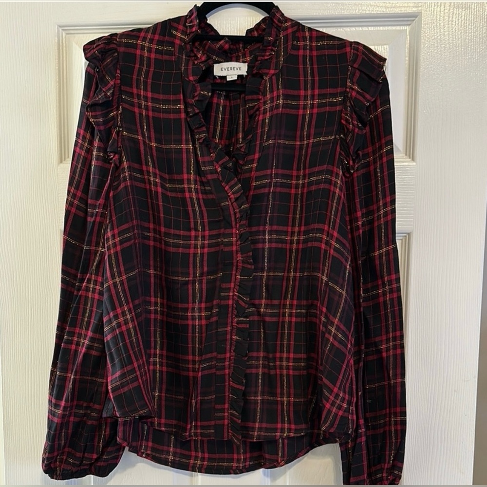 Evereve Women's Plaid Ruffle Top - Red and Black sz Large